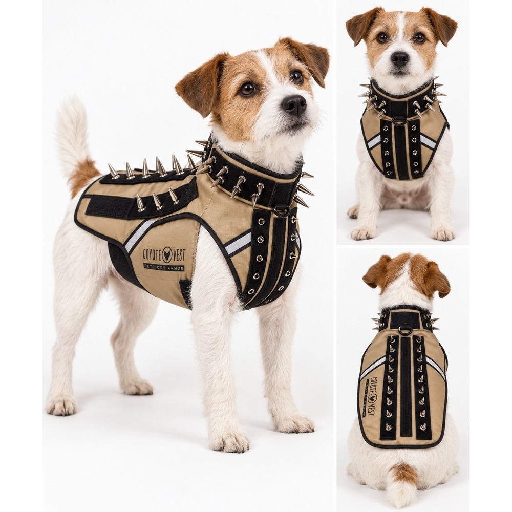CoyoteVest Pet Body Armor Small Tan Black Kevlar Spiked Dog Safety Vest Harness